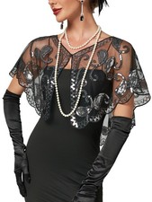 1920s Shawl Wraps Sequin Beaded Evening Cape Bridal Bolero Black