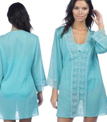  ️ La Blanca Aqua Blue Cotton Crochet Trim Swim Cover Up Tunic Top Women's L