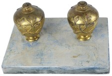 ANTICO DOPPIO CALAMAIO DA SCRIVANIA IN BRONZO DORATO "LUIGI XVI" BASE MARMO AZZU