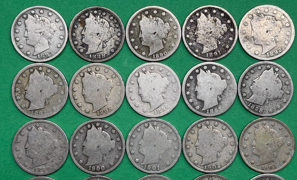 25p Sign Liberty Head V Nickel Starter Set of 25 Different Dates 1883-1912 US ...