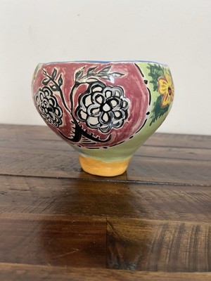 Handmade Hand painted Folk Art Ceramic Bowl Colorful Decor  Unique One Of A Kind