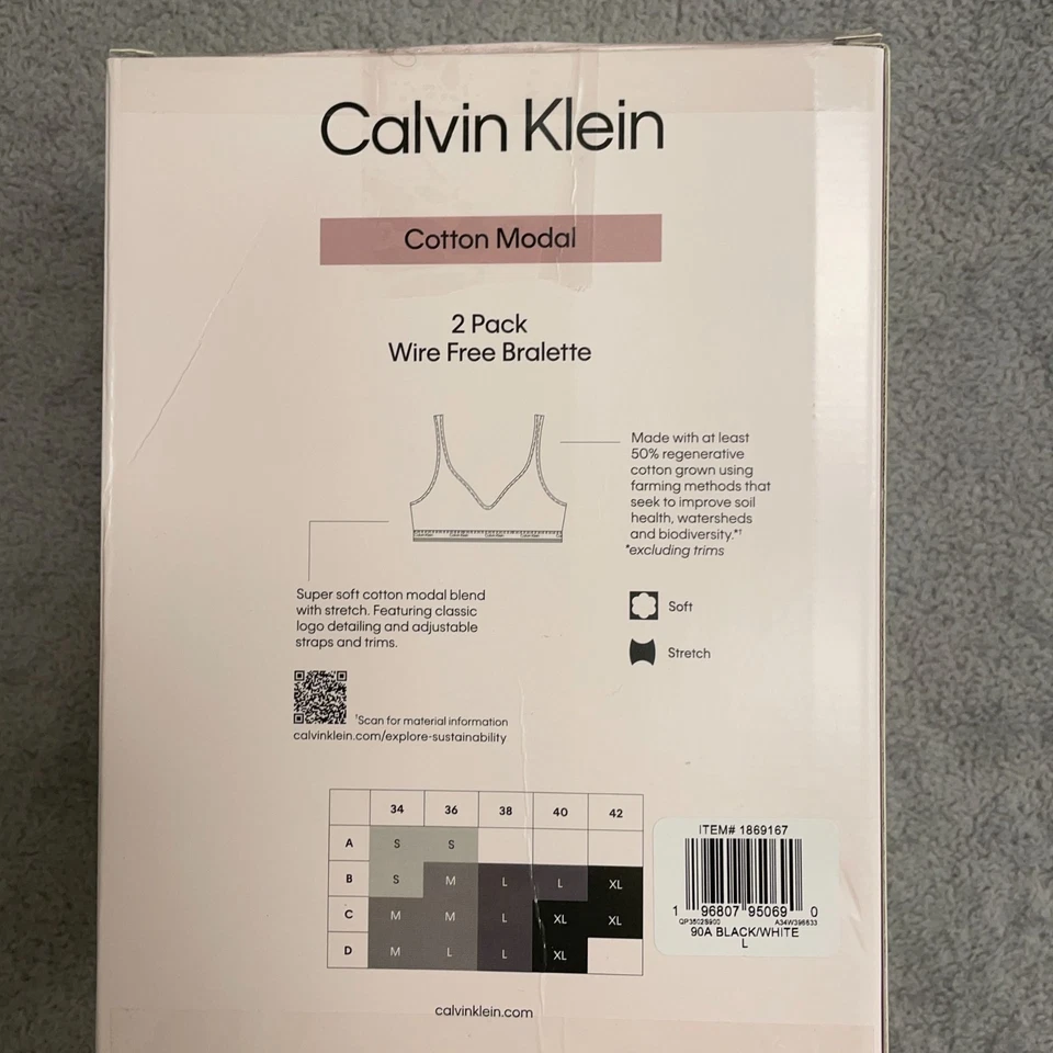 NUEVO Paquete de 2 bralette de algodón modal negro/blanco Calvin Klein para mujer L sin alambre Foto 2 de 3