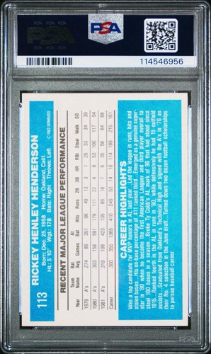 1982 Donruss Rickey Henderson #113 PSA 9 Mint Baseball Card. - Picture 2 of 2