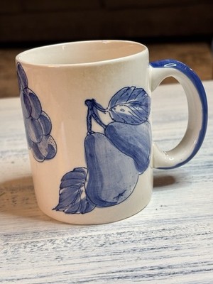 Herman Dodge & Son Handpainted Blue/White Fruit Pattern Coffee Mug