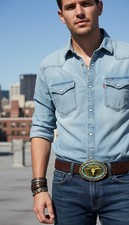 Men Antique Gold Metal Buckle Western Fashion Bull Long Horns Cow Biker Jewelry