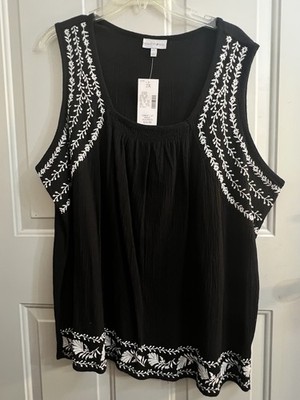 Fashion Bug Trade Winds Women s 2XL Sheer Black Tank Decorative White Trim NWT