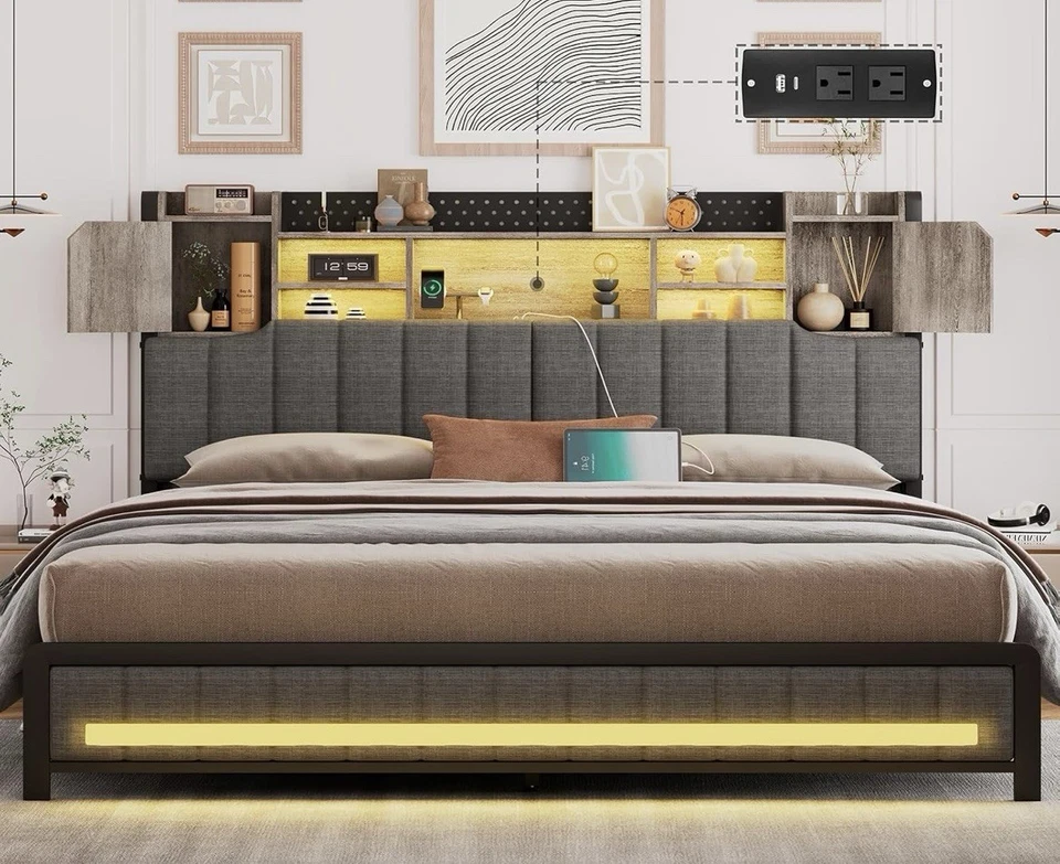 Marco De Cama King Size Base Plataforma de Metal Cabecera LED Storage Habitacion - Image 3 of 4