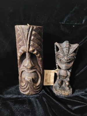 Lot Of 2 Hawaiian Tiki Figurines Happiness & 8'' Candle