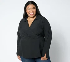 Isaac Mizrahi Live! Woven Crepe Peplum Blouse with Collar Solid Black L New