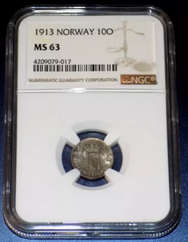 NORWAY 1913 NORWEGIAN 10 ORE 10O NGC MS63 MS 63 Certified Uncirculaded Coin