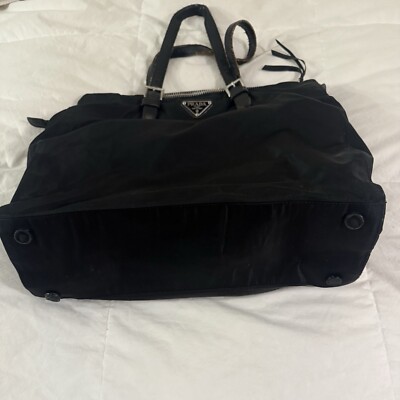 Prada Black Tessuto Nylon Leather Trim Metal Triangle Logo Tote
