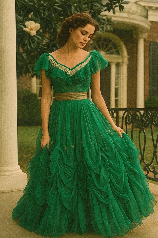 1930 Antiguo Vestido Disfraz Lo que el viento se llevó Gasa Satinado Verde En muy buena condición Esmeralda Foto 2 de 4