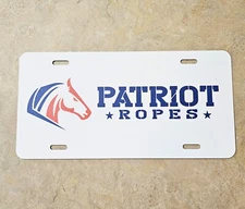 Patriot Ropes Logo White Aluminum Vanity Plate, Team Roping, Rodeo, Truck