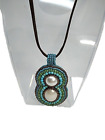 Artisan Made Bead Embroidered Pendant On Suede Cording 20 Inches
