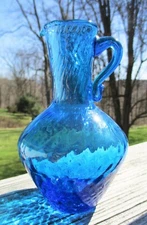 Aqua Blue Twist / Swirl & Dots Swirl Mini Pitcher Vase Jug Applied Handle 6 in
