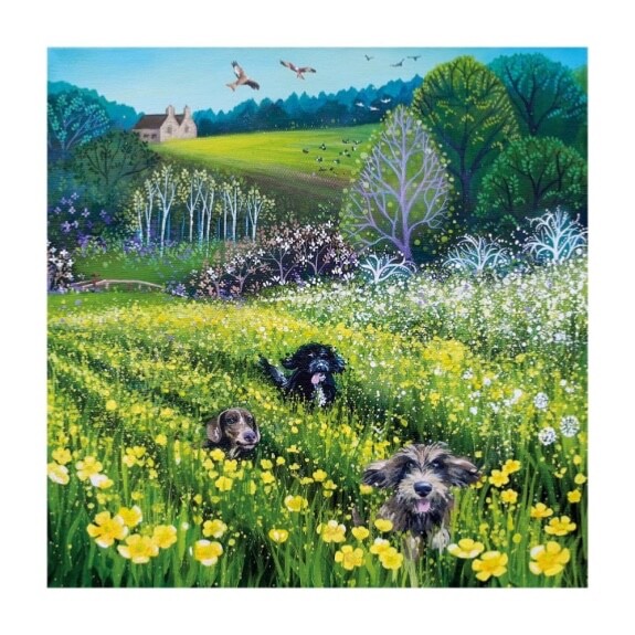 Field of Dreams - Art Blank Greeting / Birthday Card - Meadow Flowers Dogs Hawks