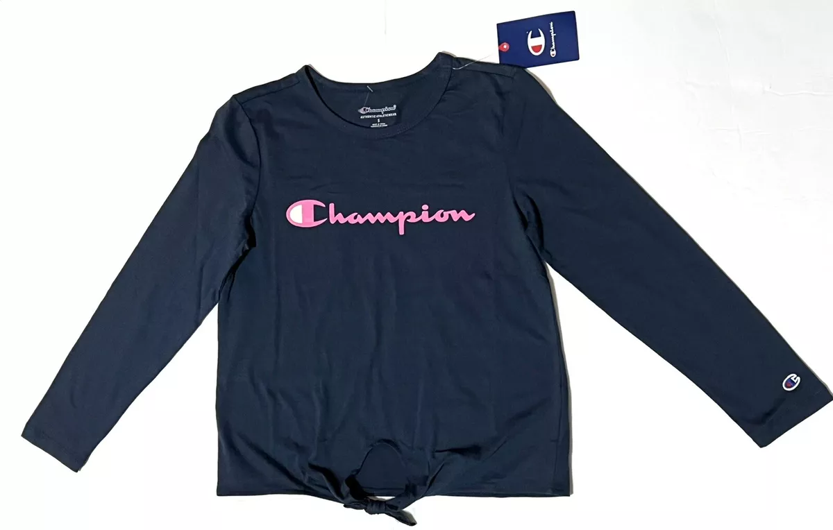 Champion Girl s T Shirt Navy Classic Script Size S Tie Front Long Sleeve