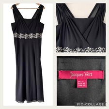 JACQUES VERT Floaty Midi Dress - Size 12 - Black Embroidered Chiffon Crossover
