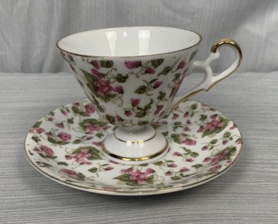 Vintage Pedestal Teacup & Saucer Pink Flowers with Gold Trim, MV2119