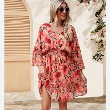 Jollycode Boho Floral Pink Dress Bohemian Vacation Resort Mini Ruffle Large
