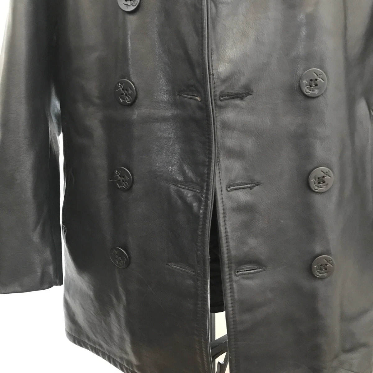 Rare Vintage Black Leather U.S. 740N Navy Pea Coat Schott N.Y.C. (Size 34)