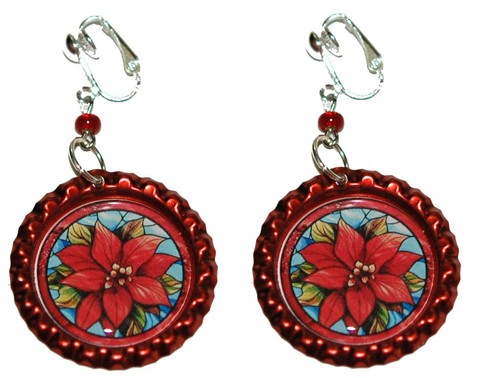Christmas Poinsettia Bottle Cap Pierced or Clip on Dangle Earrings (CAP039) - Picture 3 of 3