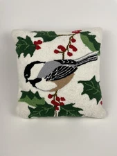 C&F Chickadee Hooked Wool Throw Pillow Holiday Winter Bird 17x17