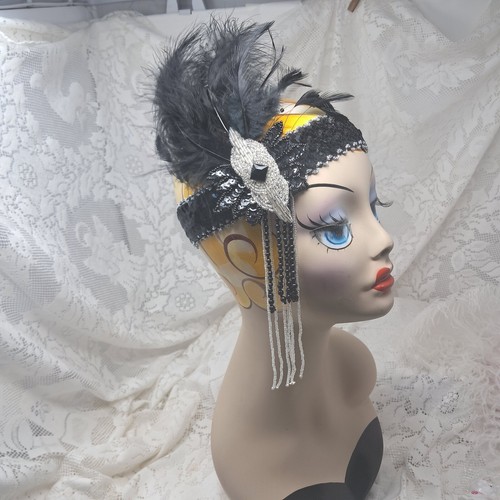 Flapper Headband 1920s Great Gatsby Feather Headpiece Beaded Sequin - Picture 2 of 4