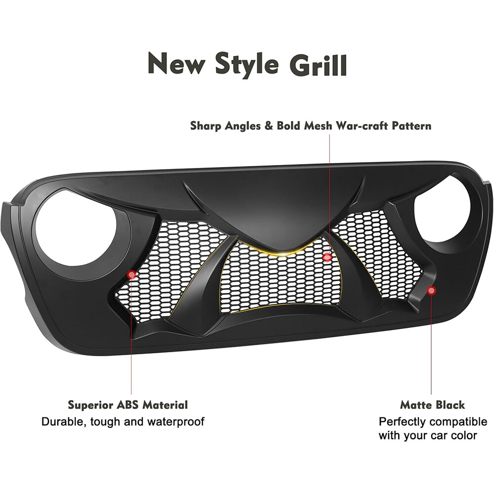 Shark Grille Bumper With LED Lights For 2018-2024 Jeep Wrangler JL & Gladiator JT - Black
