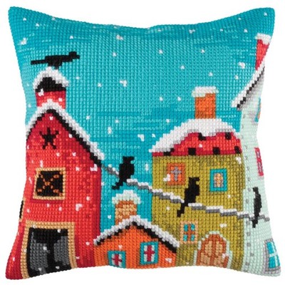DIY Collection D'Art Winter Morning Houses Chunky Needlepoint 16'' Pillow Top Kit