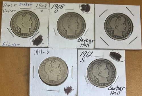 [Lot of 5] BARBER HALF DOLLARS .50  90% Silver $2.50 Face Value