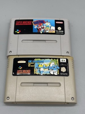 2x SNES Spiele Mario Paint + Die Schlümpfe Reisen Um Die Welt PAL Modul