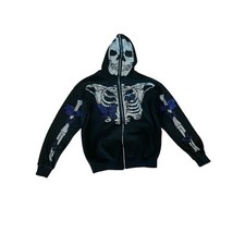 Black Zip-Up Hoodie  Size S  Cozy Cotton Blend  Rhinestone Skull Detail