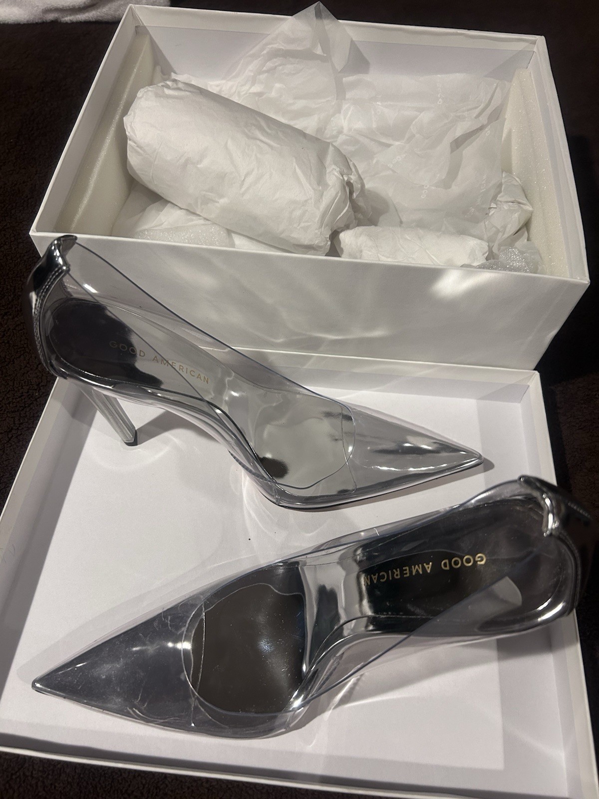 Good American Heels Womens Size 7.5 Cinderella Clear See Through Silver Heels