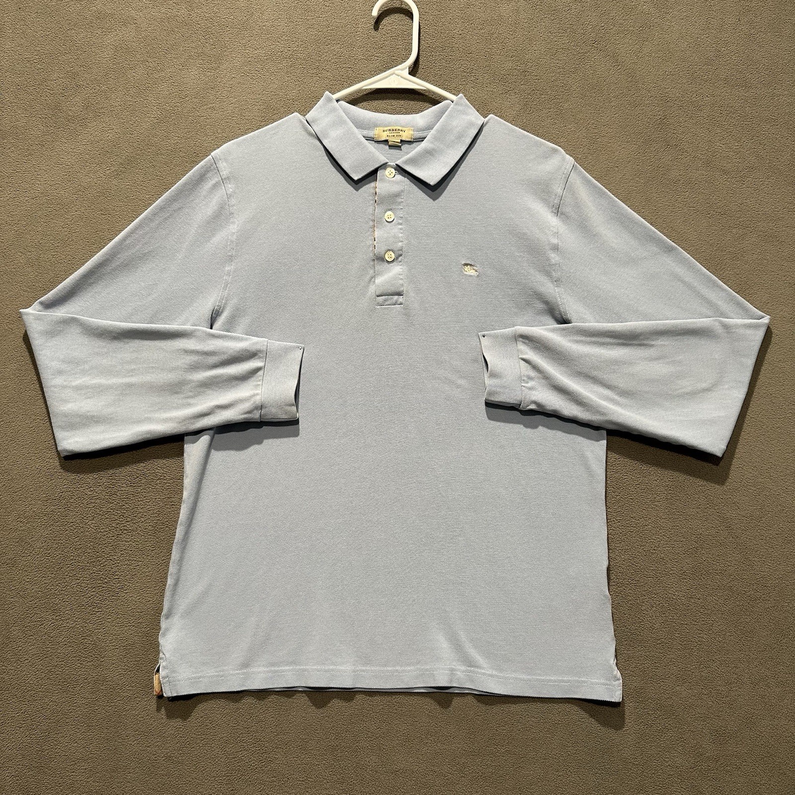 Vintage Burberry London Shirt Mens Large Blue Long Sleeve Polo Slim Hong Kong