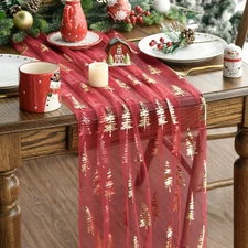 Red Gold Christmas Tree Gauze Table Runner 120 Inch 10FT, Glitter Metallic Foil 
