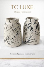 TC LUXE Terrazzo Speckled Ceramic Vases Set of 2 Ivory Hand Painted Home Decor