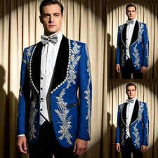 Blue Men's Suits Prom Dinner Party 2PCS Luxury Beading Coat Shawl Lapel Jacket