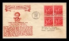 DR JIM STAMPS US COVER WHISTLER FAMOUS AMERICANS FDC BLOCK OF 4 THERMOGRAPHED