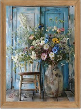 Vintage Wildflower Bouquet Wall Art Framed Canvas, Rustic Floral Still Life V...