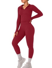 Womens Workout Sets 2 Piece Seamless Ribbed Long Sleeve Yoga Outfits High Wai...
