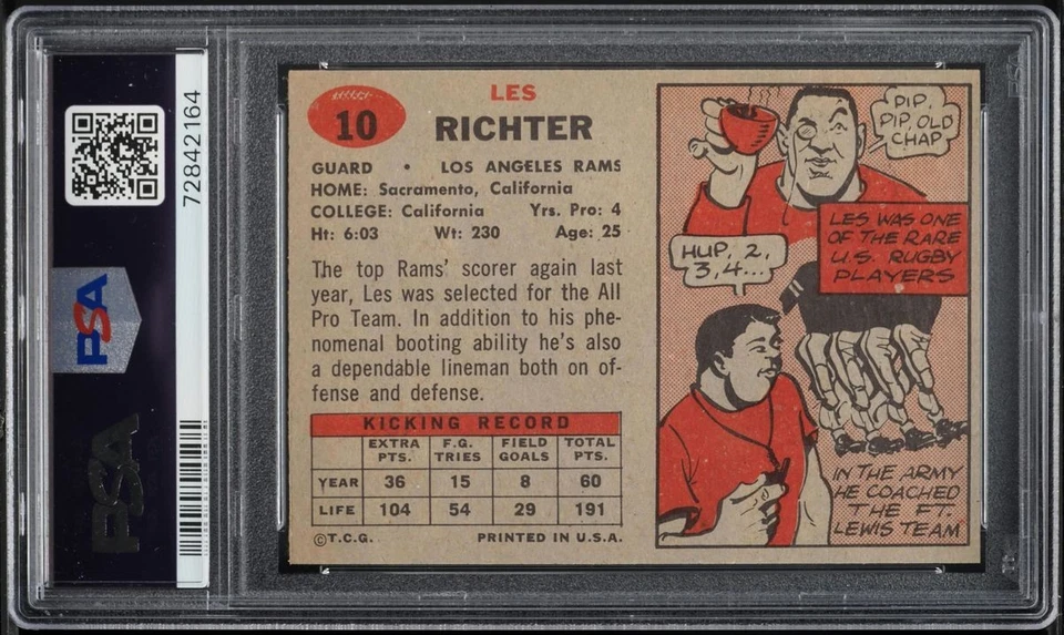 1957 Topps FB Card # 10 Les Richter Los Angeles Rams HOF PSA 7 NRMT - Image 2 of 2