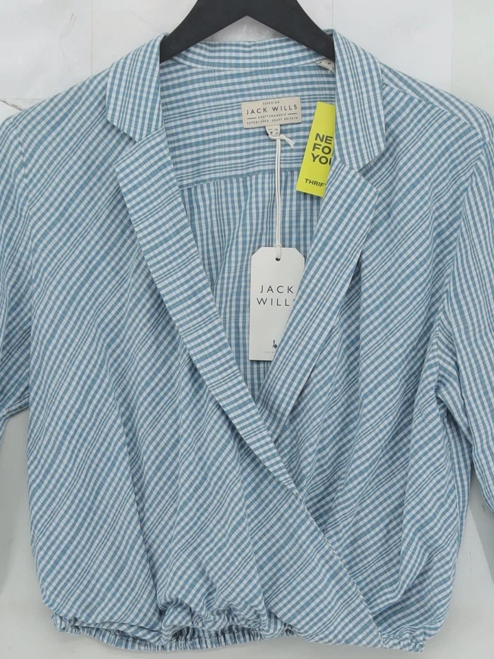 Jack Wills Women's Top UK 10 Blue Striped 100% Cotton Long Sleeve V-Neck Cropped - Image 3 of 4