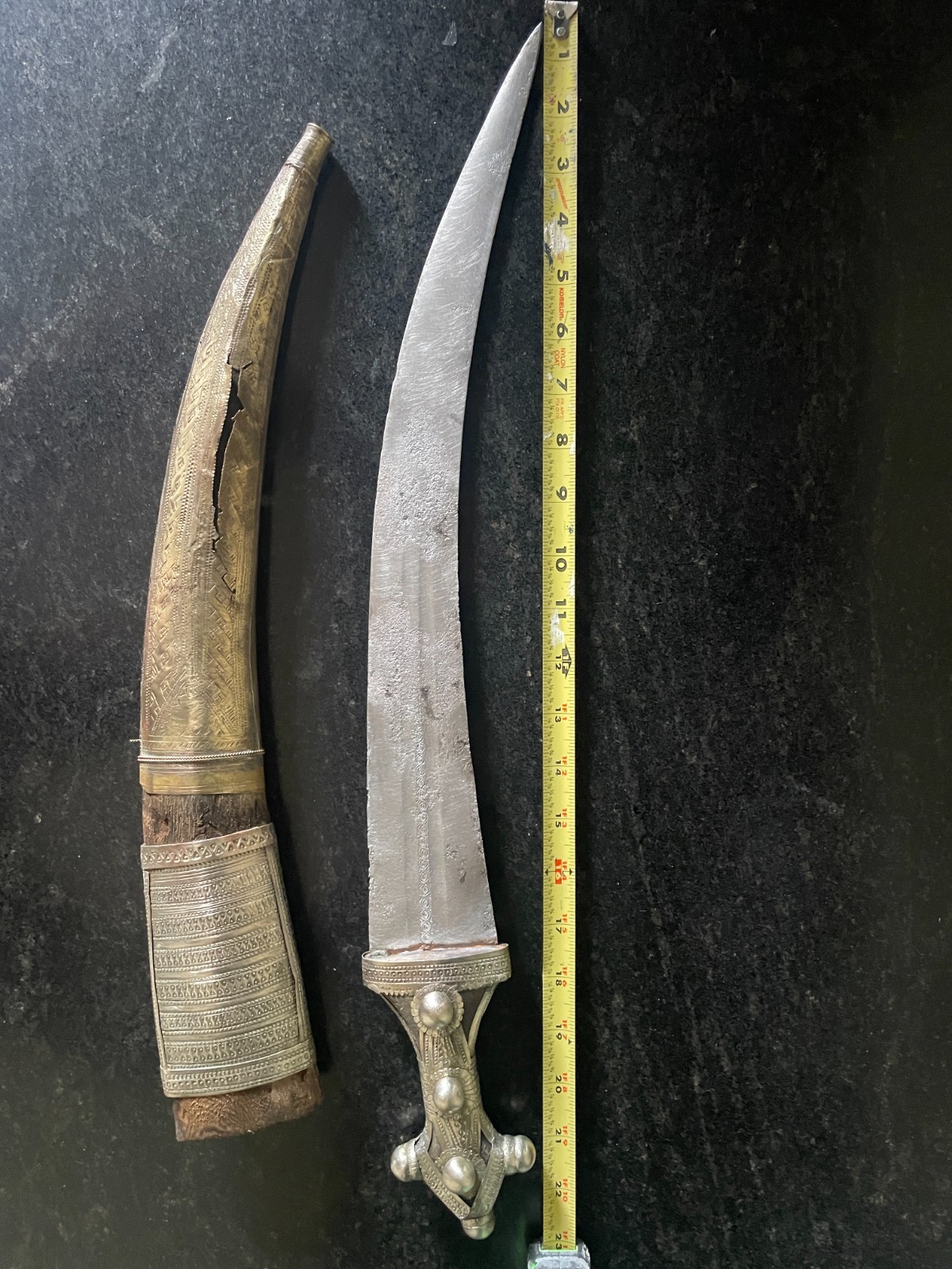 Antique Arabian Jambiya Dagger – Silver-Brass – Worn Scabbard – As is.