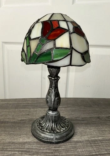 Vtg Stained Glass Tea Light Candleholder Tiffany Style 9.5” Tulip Arts & Crafts