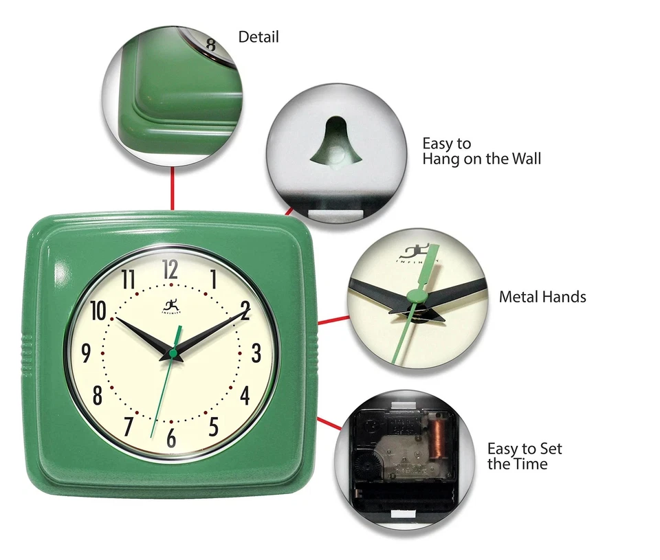 	Square Silent Retro Wall Clock 9-Inch Mid Century Modern Kitchen Clock with ... - Image 4 of 4