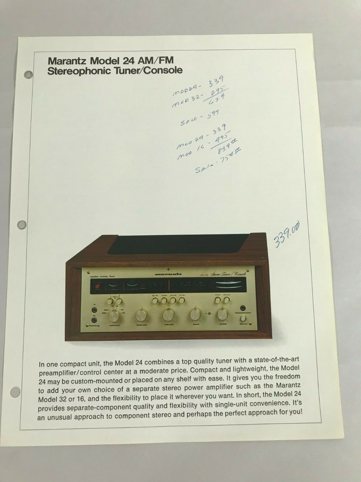Rare Original 1960's MARANTZ Model 24 Stereophonic Tuner Console Sales Brochure