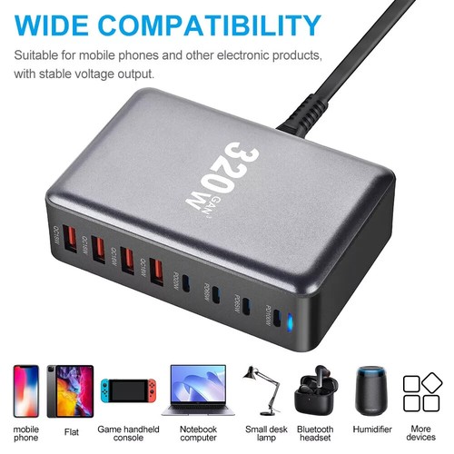 320W GaN 8 Ports Multi USB-C Type C PD Fast Charging Station Hub Block iPhone - Picture 4 of 9