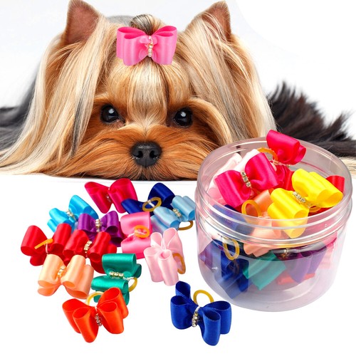 20/100pcs Dog Hair Bows&Rubber Bands Grooming Accessory Topknot Shih Tzu Yorkie - Imagen 1 de 12