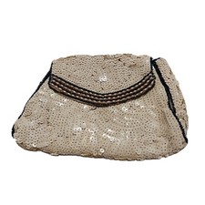 White sequin small purse clutch satin liner black accents handle in back Vintage